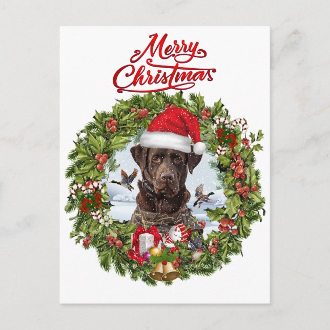 Schokolade Labrador Retriever, Weihnachtskranz Postkarte (Vorderseite)
