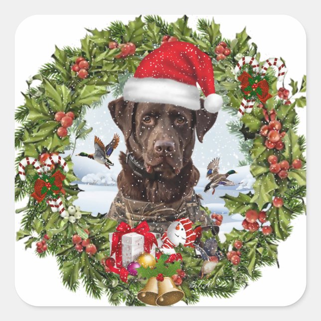 Schokolade Labrador Retriever, Weihnachtskranz Quadratischer Aufkleber (Vorderseite)