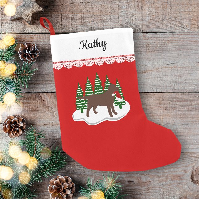 Schokolade Labrador Weihnachten Kleiner Weihnachtsstrumpf (Personalized Chocolate Labrador Evergreen Trees Christmas Stocking for Labrador Owners.)
