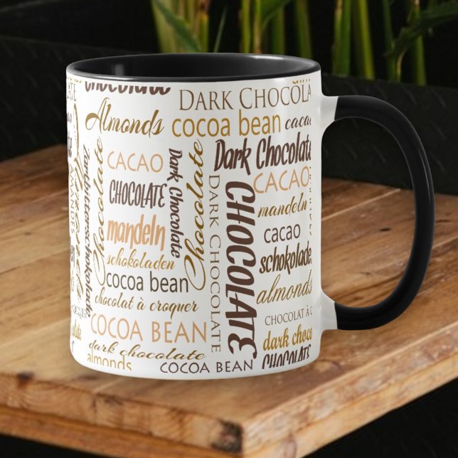 Schokolade Lover Multilingual Typografy Collage Tasse (Choose combo mug handle and inside color)