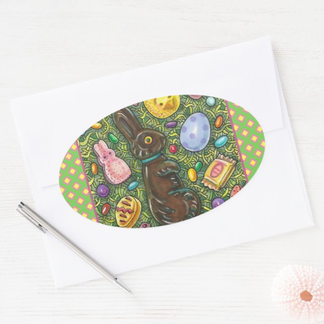 SCHOKOLADE OSTBUNNY, CHICK, EIER, GELLY BEANS OVALER AUFKLEBER (Umschlag)
