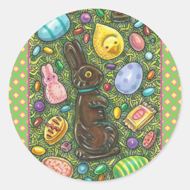 SCHOKOLADE OSTBUNNY, CHICK, EIER, GELLY BEANS RUNDER AUFKLEBER (Vorderseite)