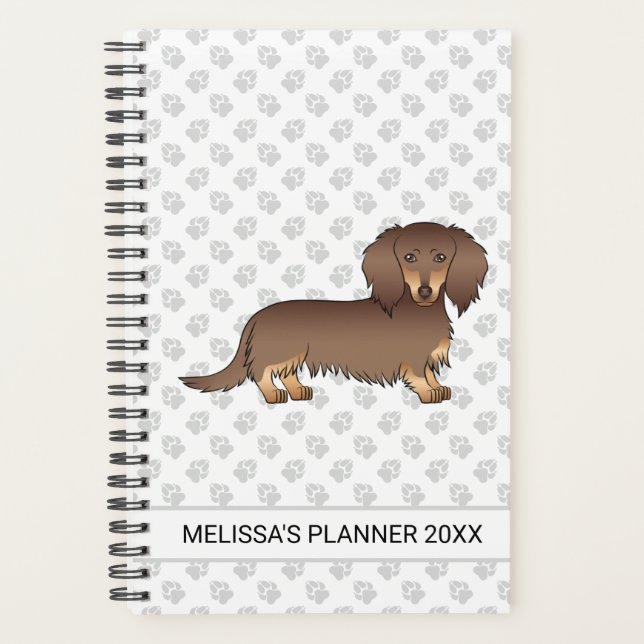 Schokolade & Tan Lange Haare Dackel Hund & Text Planer (Vorderseite)