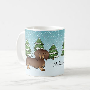 Schokolade & Tan Long Hair Dackel Winterwald Kaffeetasse