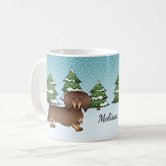 Schokolade & Tan Long Hair Dackel Winterwald Kaffeetasse (Vorderseite Links)