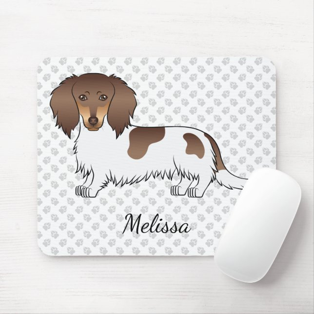 Schokolade & Tan Piebald Long Hair Dackel & Name Mousepad (Mit Mouse)