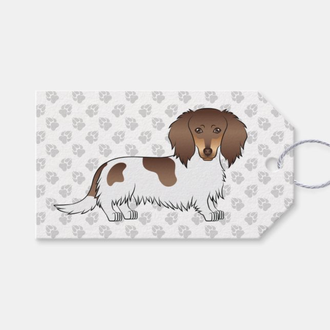 Schokolade & Tan Piebald Long Hair Dackel & Paws Geschenkanhänger (Vorderseite (Horizontal))