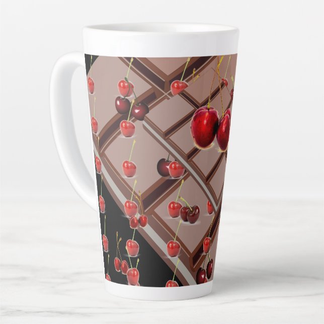 Schokolade und Kirschen mit schwarzen Milchtasse (Linke Ecke)