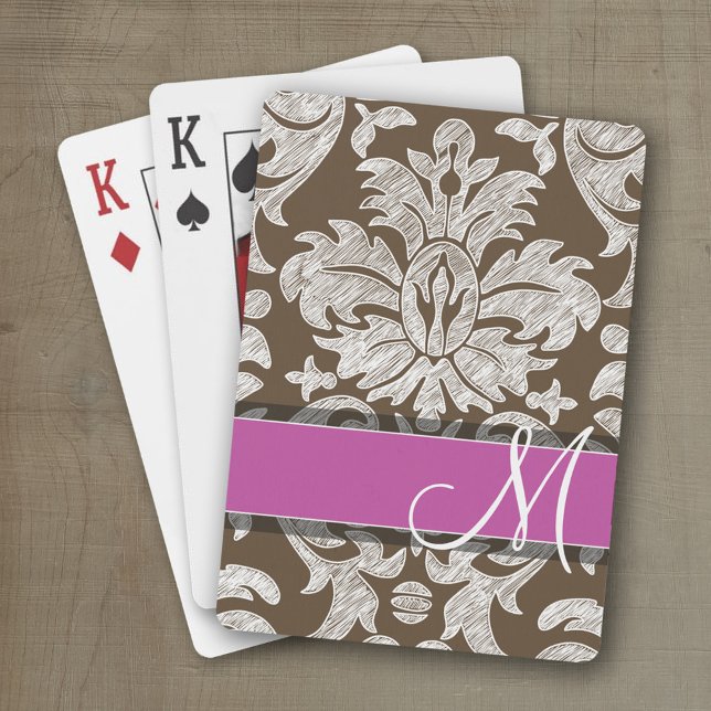 Schokolade und Magenta Damask Muster Monogramm Spielkarten (Personalized playing cards with a fun area to add text such as a name or monogram)