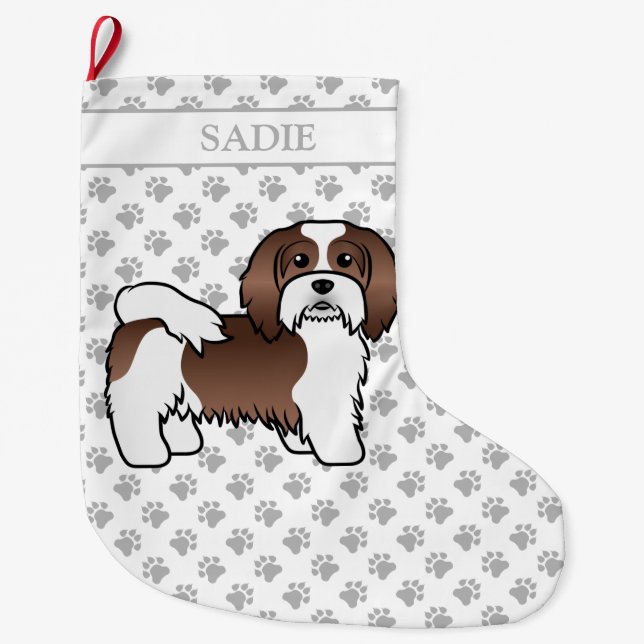 Schokolade und weißer Havanese Cartoon Hund & Name Großer Weihnachtsstrumpf (Vorderseite)