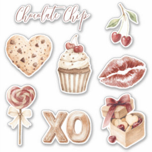 Schokoladen Chip Herz Kekse Kirschen Cupcake XO Aufkleber