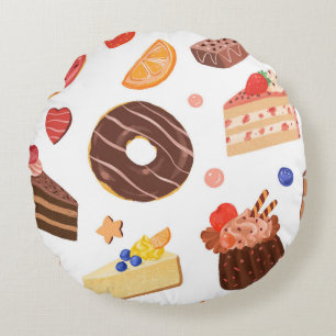 Schokoladen-Donut- und Gourmet-Dessert-Muster Rundes Kissen