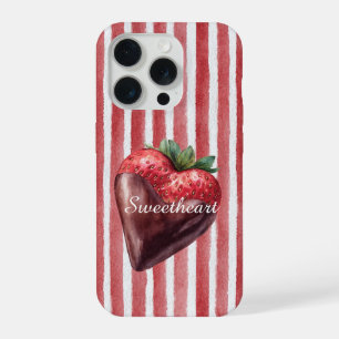 Schokoladen-Erdbeere Herz Rot-Weiß-Gestreift iPhone 15 Pro Hülle