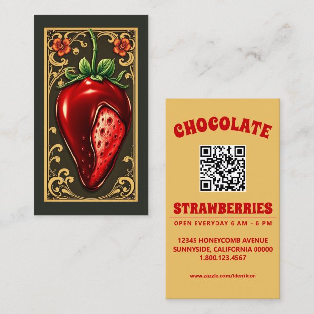 Schokoladen-Erdbeere mit QR-Code Visitenkarte (Vorne/Hinten)
