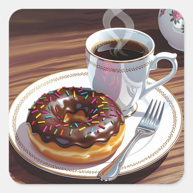 Schokoladen-Glasur-Donut und Kaffee  Quadratischer Aufkleber (Vorderseite)