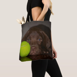 Schokoladen-Labrador-Welpe mit Tennisball