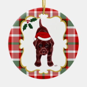 Schokoladen-Labrador-Welpe mit Weihnachtsmannmütz Keramikornament