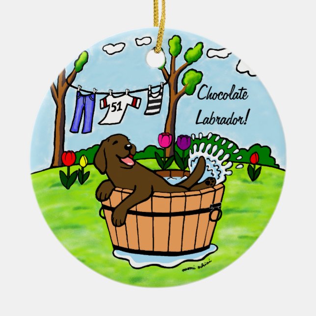 Schokoladen-Labrador-Welpen-Pool Keramikornament (Vorne)