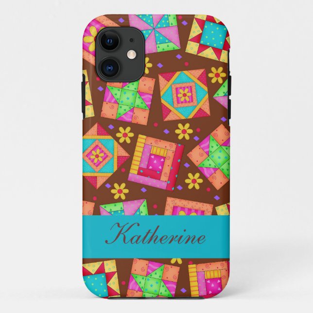 Schokoladenbraun, bunte Quilt-Patchwork-Blöcke Case-Mate iPhone Hülle (Rückseite)