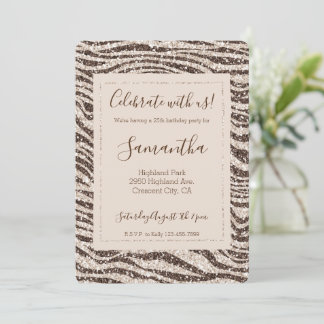 Schokoladenbraun Creme Blush Zebra Glitzer Einladung