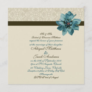 Schokoladenbraune aquamarine blaue Blumen-Hochzeit Einladung