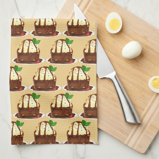 Schokoladenbrownie mit Vanilleeis Geschirrtuch (Viertel Falte)