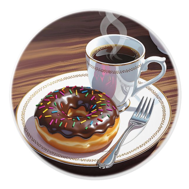 Schokoladenglasierte Donut und Kaffee  Keramikknauf (Vorderseite)