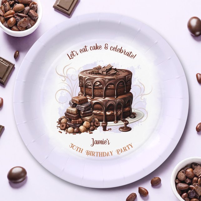 Schokoladenkuchen Lila Brown 30. Geburtstagsgesche Pappteller (Chocolate Cake Purple Brown 30th Birthday Party Paper Plates)