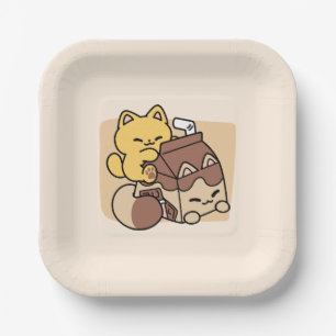 Schokoladenmilch-Trinken im Glück – Kawaii-Katzenf Pappteller