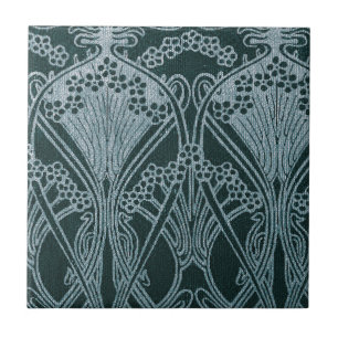 Schön, Blaugrün Silber, Jugendstil Muster, floral, Fliese