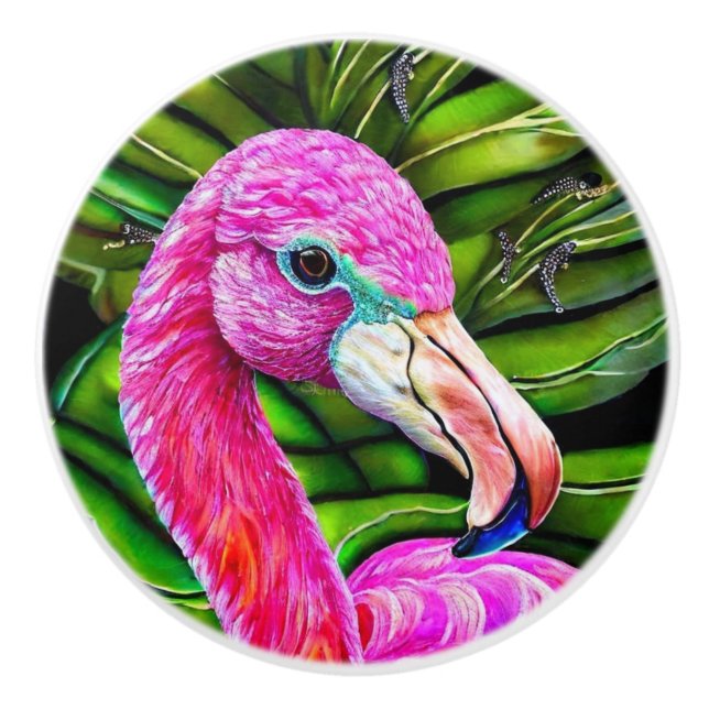 Schön rosa Flamingo vor grünem Blattwerk Keramikknauf (Vorderseite)