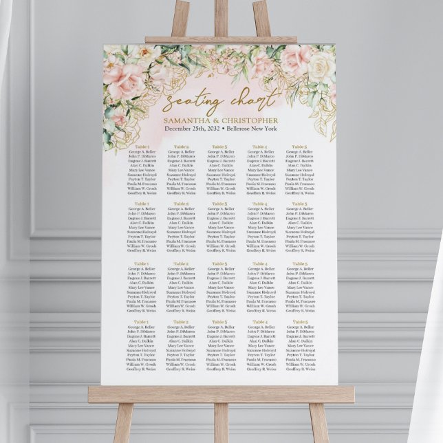 Schön rosa Rosengrün Gold 20 Tische Sitzplätze Poster (20 tables elegant Boho blush floral gold frame wedding seating chart poster)