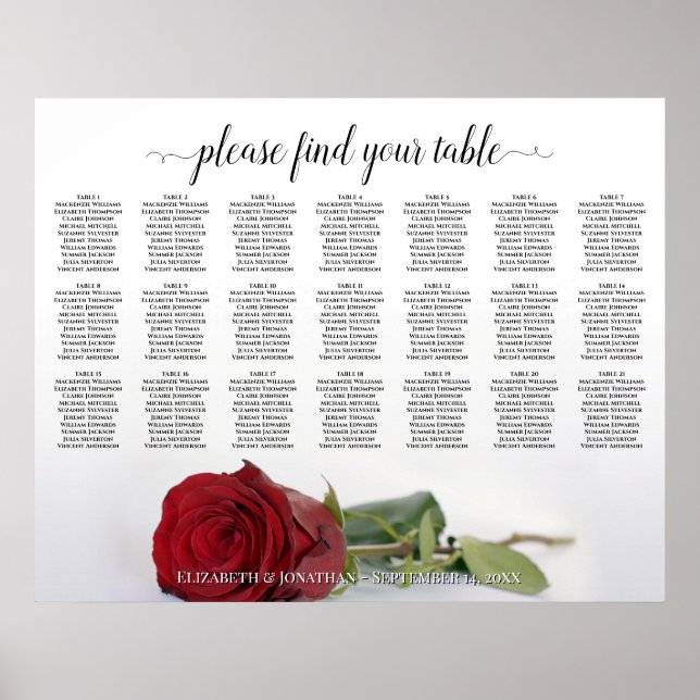 Schöne 21 Tisch-Rote Rose Hochzeitstabelle Poster (Vorne)