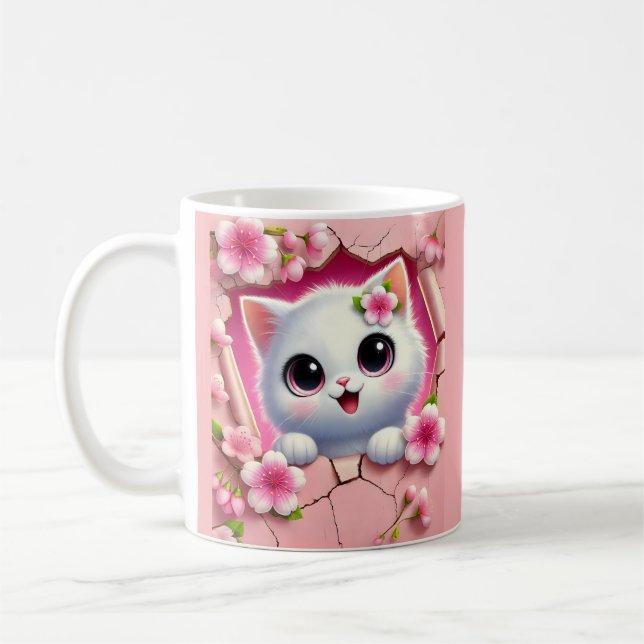 Schöne 3D Cat Peeking durch florale Wandgestaltung Kaffeetasse (Links)