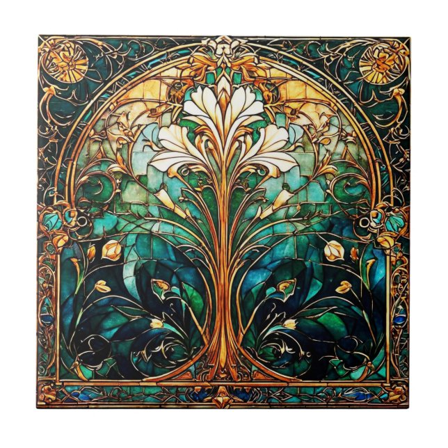 Schöne Abstrakte Art Deco Nouveau Keramik Tile Fliese (Vorderseite)