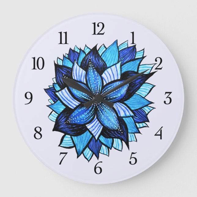 Schöne Abstrakte blaue Blume Tinte Gezeichnet Große Wanduhr (Vorderseite)
