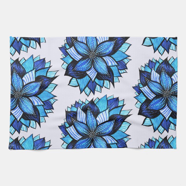 Schöne abstrakte blaue Blumen-Tinte, die Muster Handtuch (Horizontal)