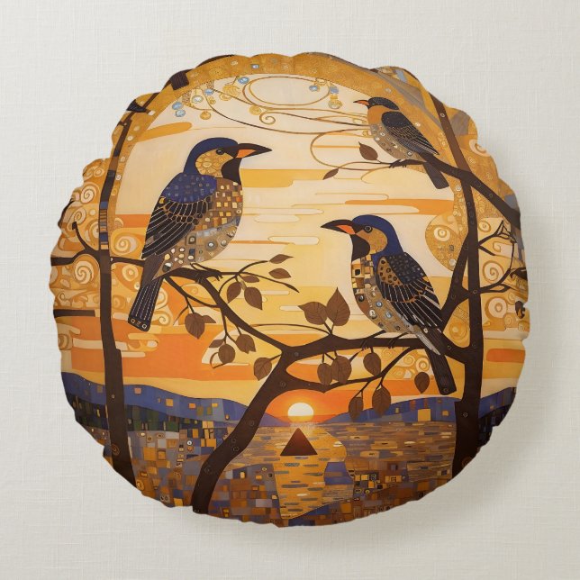 Schöne Abstrakte Vögel bei Sonnenaufgang dekorativ Rundes Kissen (Vorderseite)