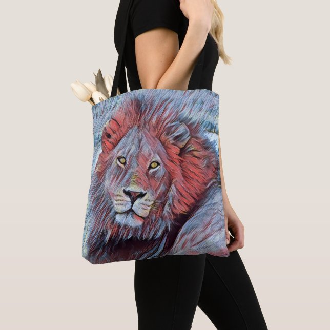 Schöne African Lion Watercolor in Red and Blue (Von Nahem)