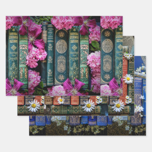 Schöne Alte Bücher Spines und Blume Geschenkpapier Set