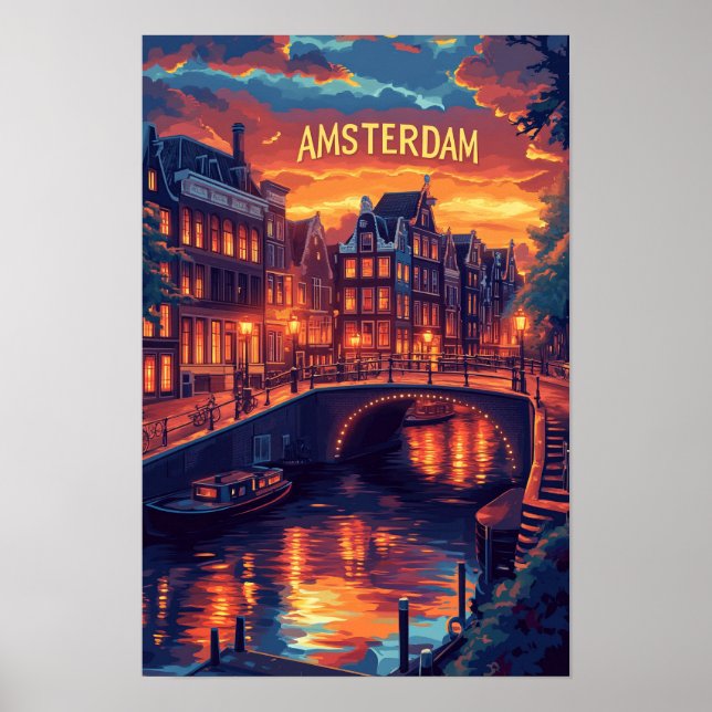 Schöne Amsterdam Vintag Illustration Travel Poster (Vorne)