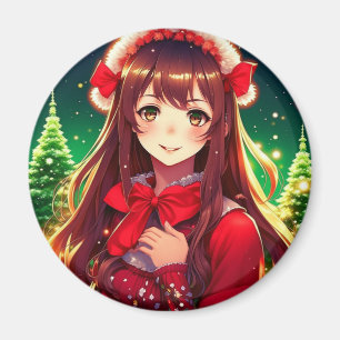 Schöne Anime-Girl in festlichem rotem Weihnachten Magnet