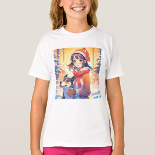 Schöne Anime-Girl mit Husky-Hund Weihnachten T-Shirt