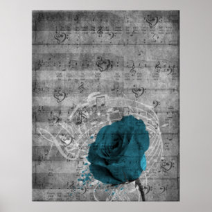 Schöne antike blaue Rose Spritzer Musik Poster