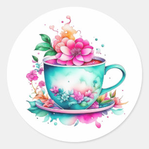 Schöne antike Kaffeetasse mit rosa Blumen Runder Aufkleber