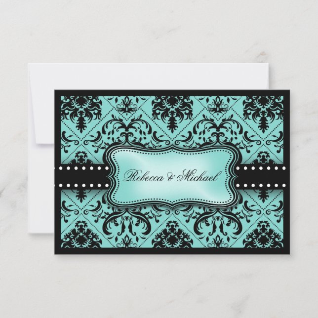 Schöne Aqua Blue & Black Damask RSVP Cards (Vorderseite)
