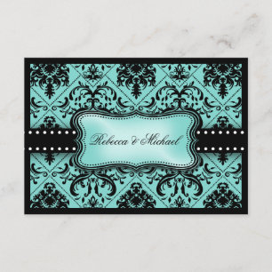 Schöne Aqua Blue & Black Damask RSVP Cards Karte
