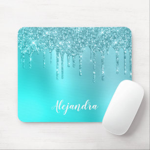 Schöne Aqua Blue Minze & Türkis Glitzer Tropfen Mousepad