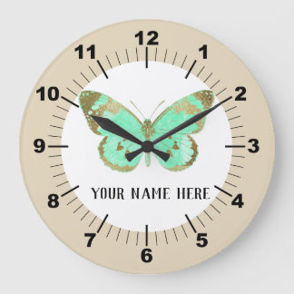 Schöne Aqua & Gold Butterfly Große Wanduhr