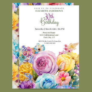 Schöne Aquarell-Frühlingsblumen zum 30. Geburtstag Einladung